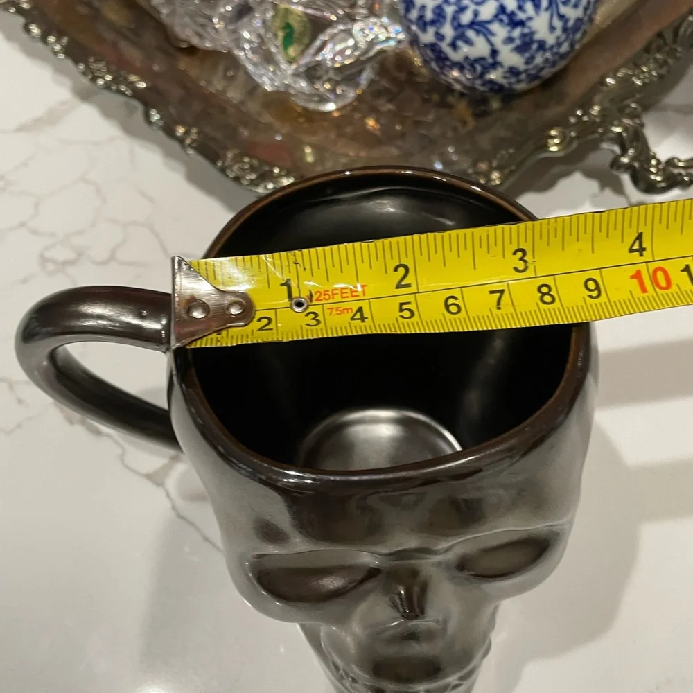 Set of 2 West Elm Skull Mugs Metallic Black Ceramic 19oz Large